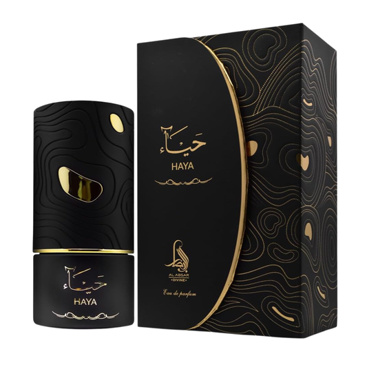 Black HAYA perfume bottle and packaging on a white background