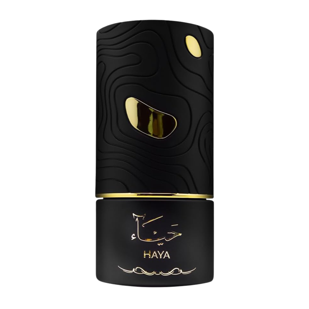 Black and gold perfume bottle with 'HAYA' branding on a white background