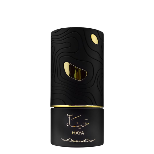 Black and gold perfume bottle with 'HAYA' branding on a white background