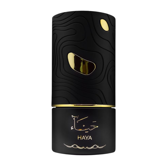 Black and gold perfume bottle with 'HAYA' branding on a white background