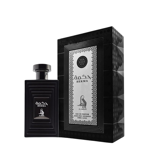 Black Hekma perfume bottle and packaging on a white background