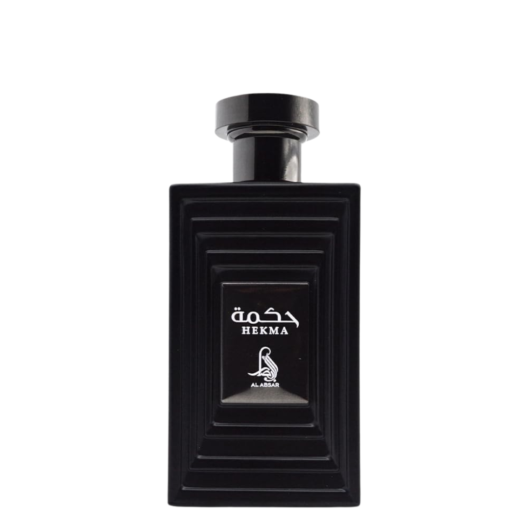 Black perfume bottle with 'Hekma' branding on a white background