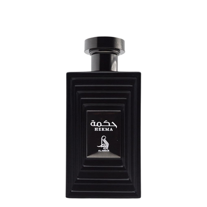 Black perfume bottle with 'Hekma' branding on a white background