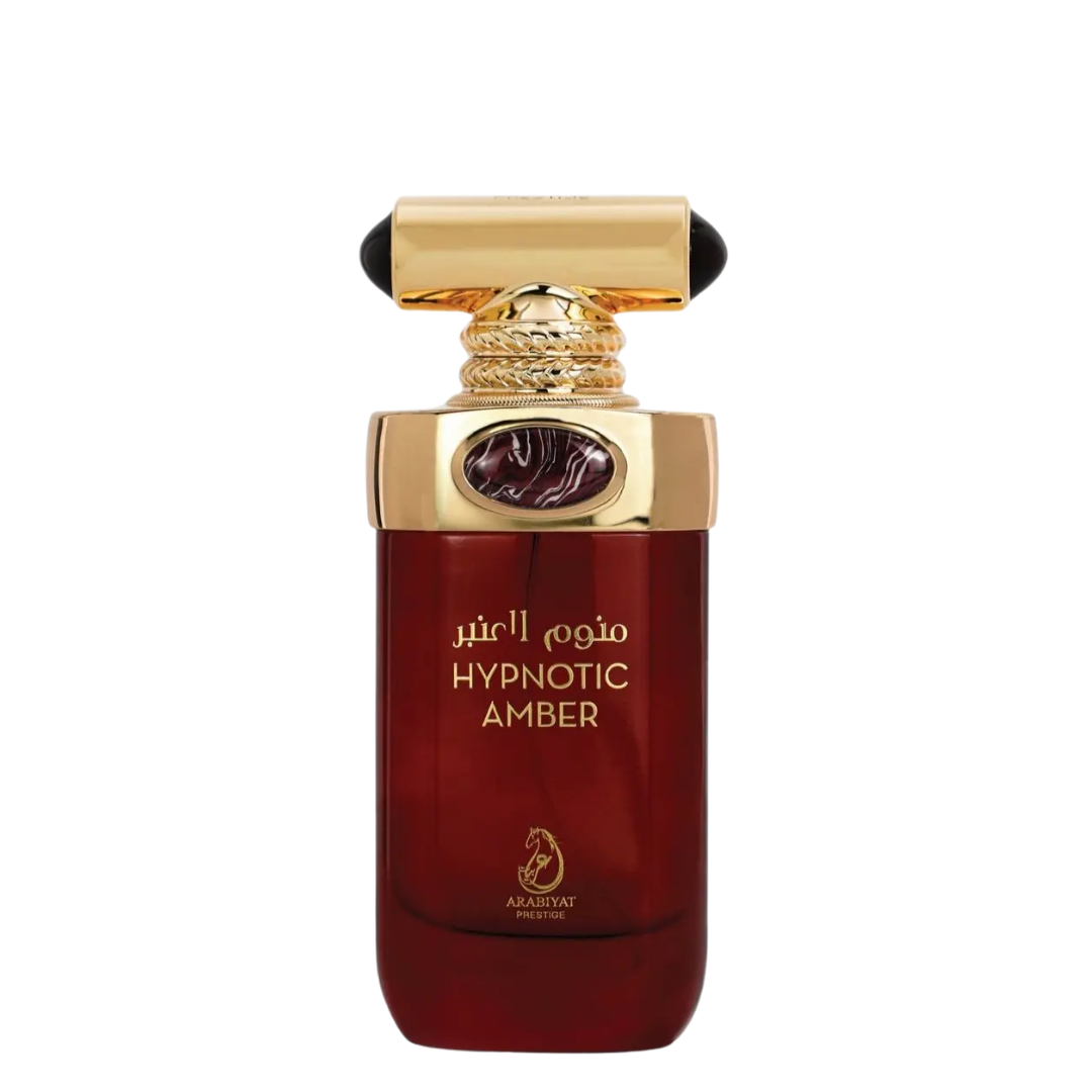 A Hypnotic Amber perfume bottle with a dark liquid visible and gold-colored cap.