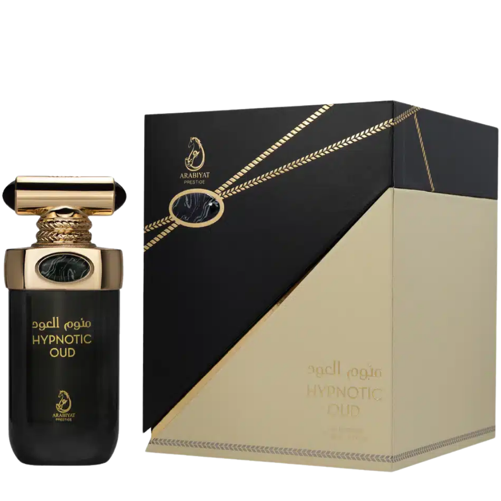 Perfume bottle and packaging box on a white background. Hypnotic Oud by Arabiyat Prestige Unisex Perfume