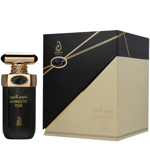 Perfume bottle and packaging box on a white background. Hypnotic Oud by Arabiyat Prestige Unisex Perfume