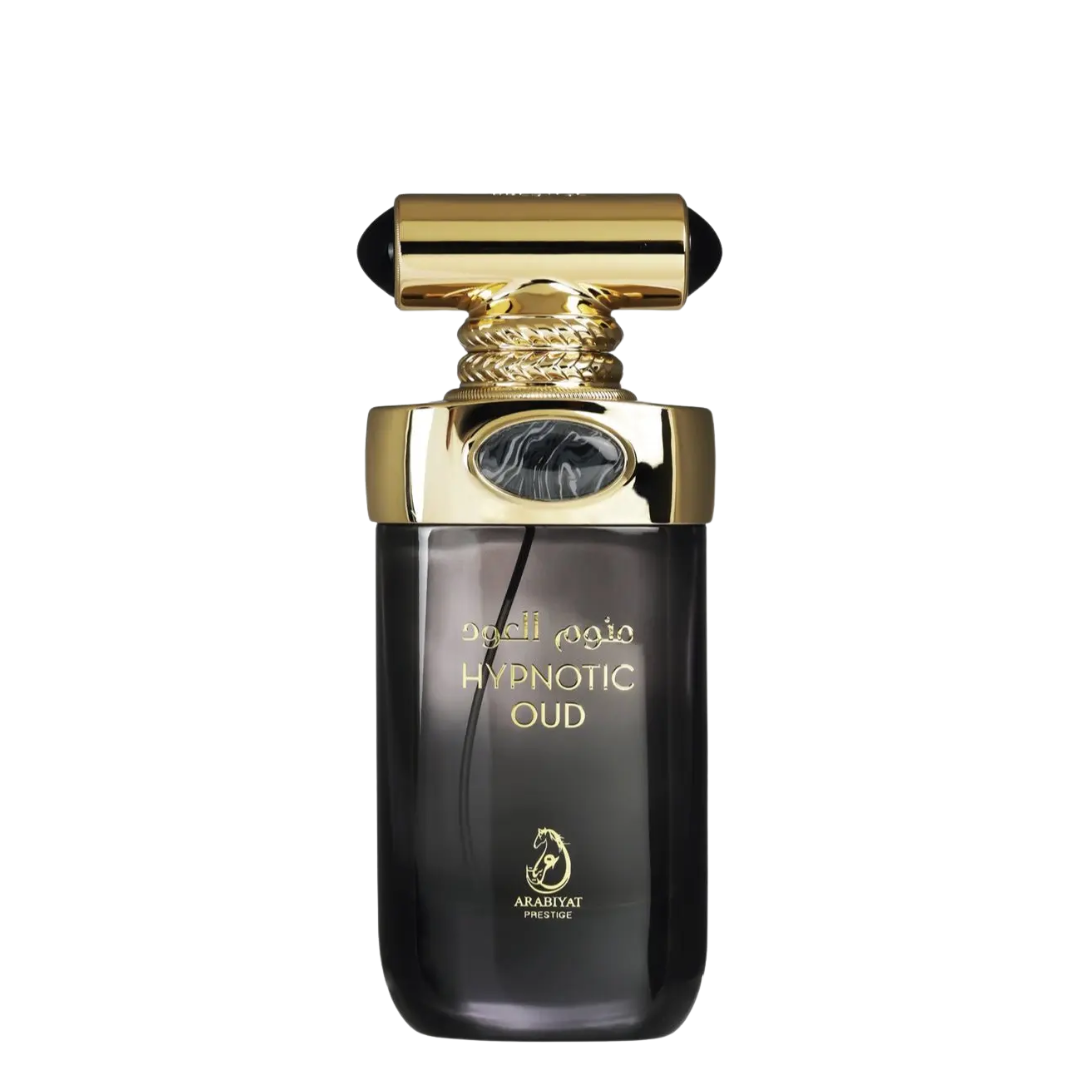 A Hypnotic Oud perfume bottle with a black body and gold accents on the cap and label.
