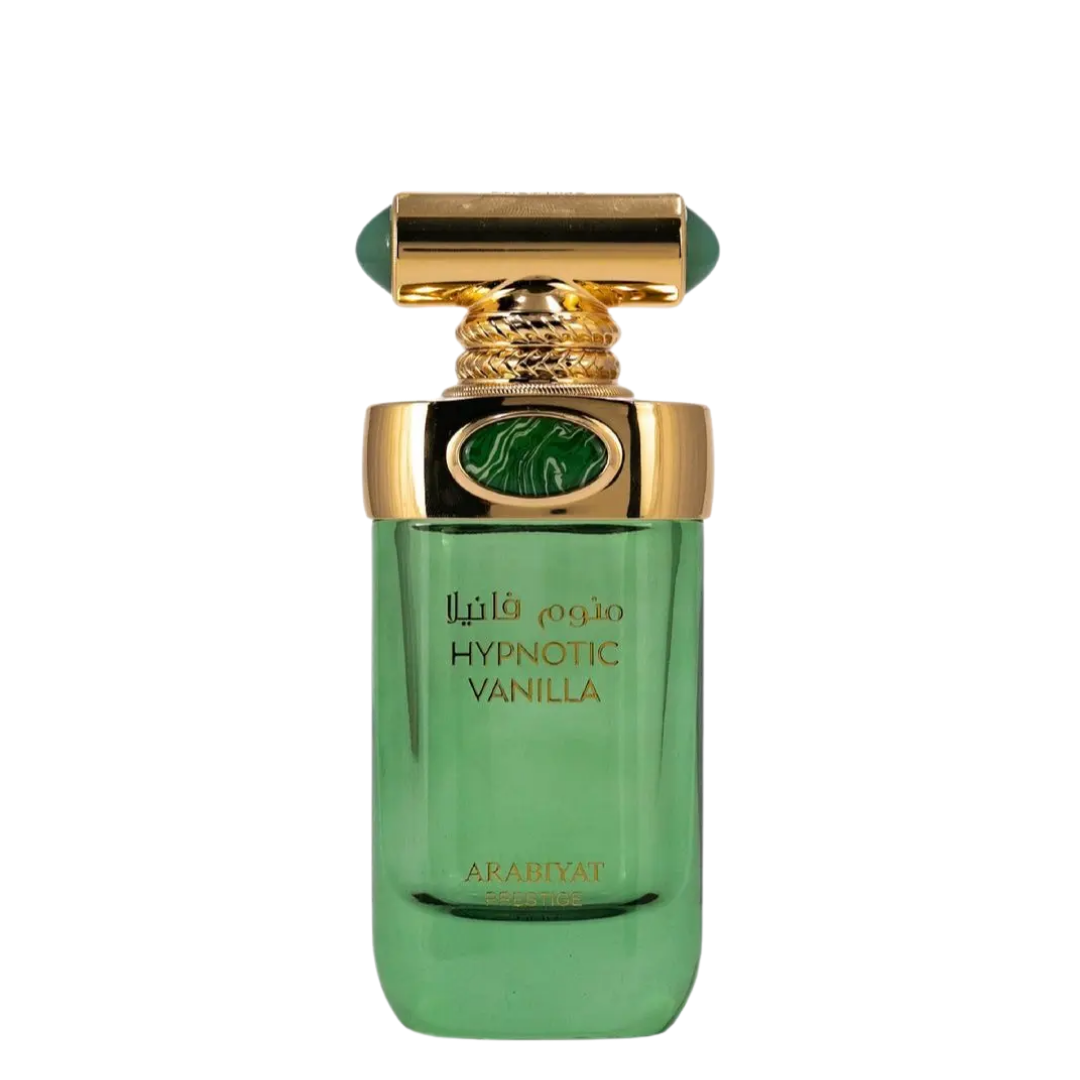 A green bottle of Hypnotic Vanilla perfume with a gold cap and label detailing the brand and fragrance name.