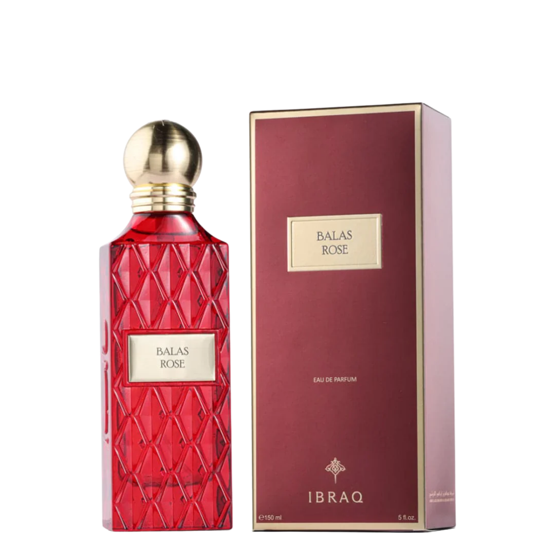 Red perfume bottle with gold cap and matching box labeled 'IBRAQ' on a white background