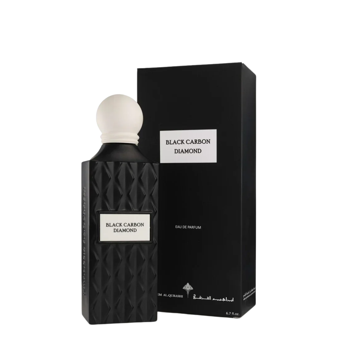 Ibraq Black Carbon Diamond perfume bottle and packaging on a white background