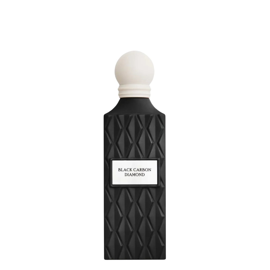 Black carbon diamond perfume bottle with white cap on a white background. Ibraq.