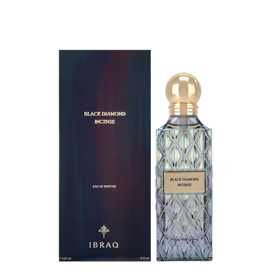 Ibraq Black Diamond Incense Eau de Parfum bottle and packaging on a white background