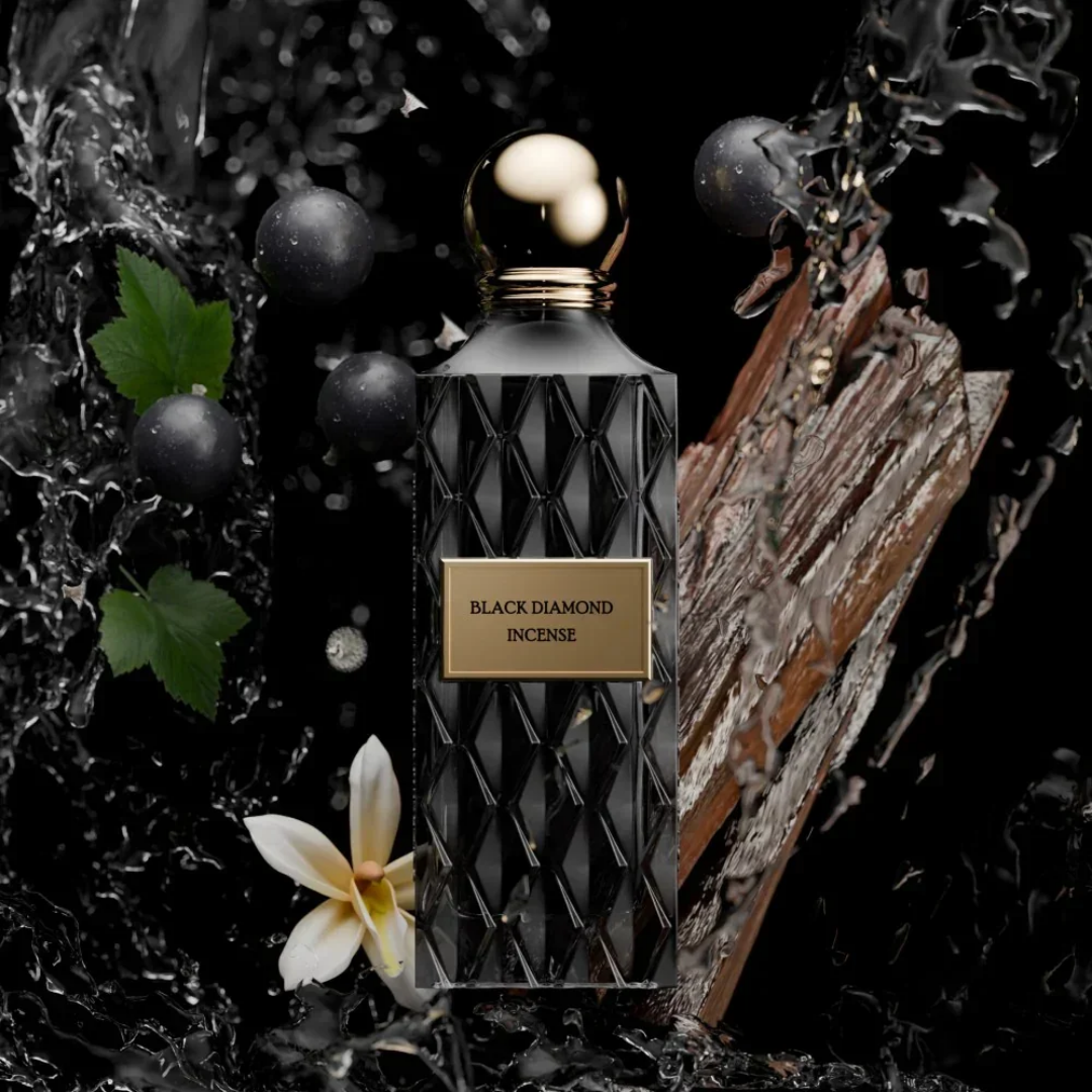 IBRAQ Black Diamond Incense perfume bottle with decorative elements on a dark background