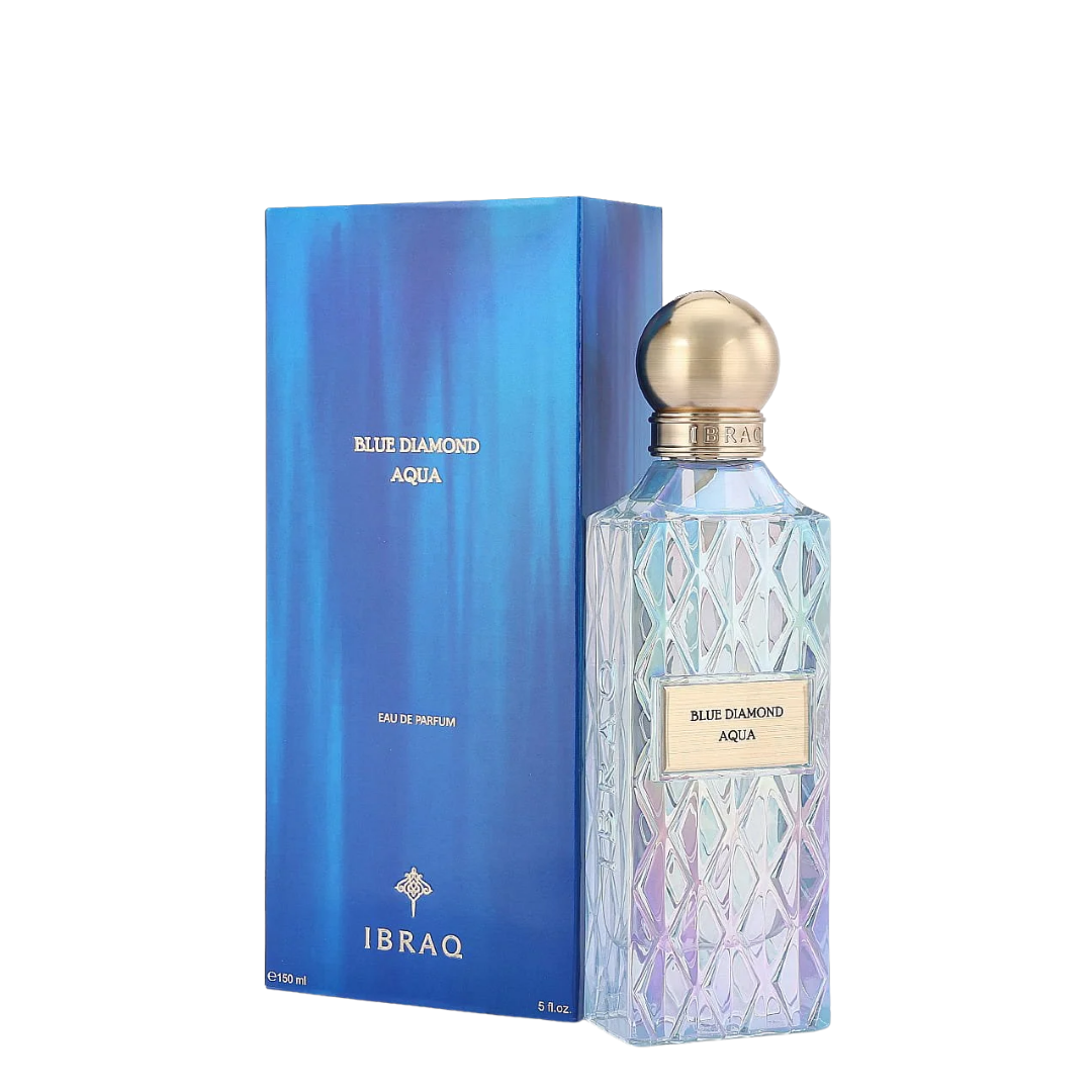 IBRAQ Blue Diamond Aqua perfume bottle and packaging on a white background