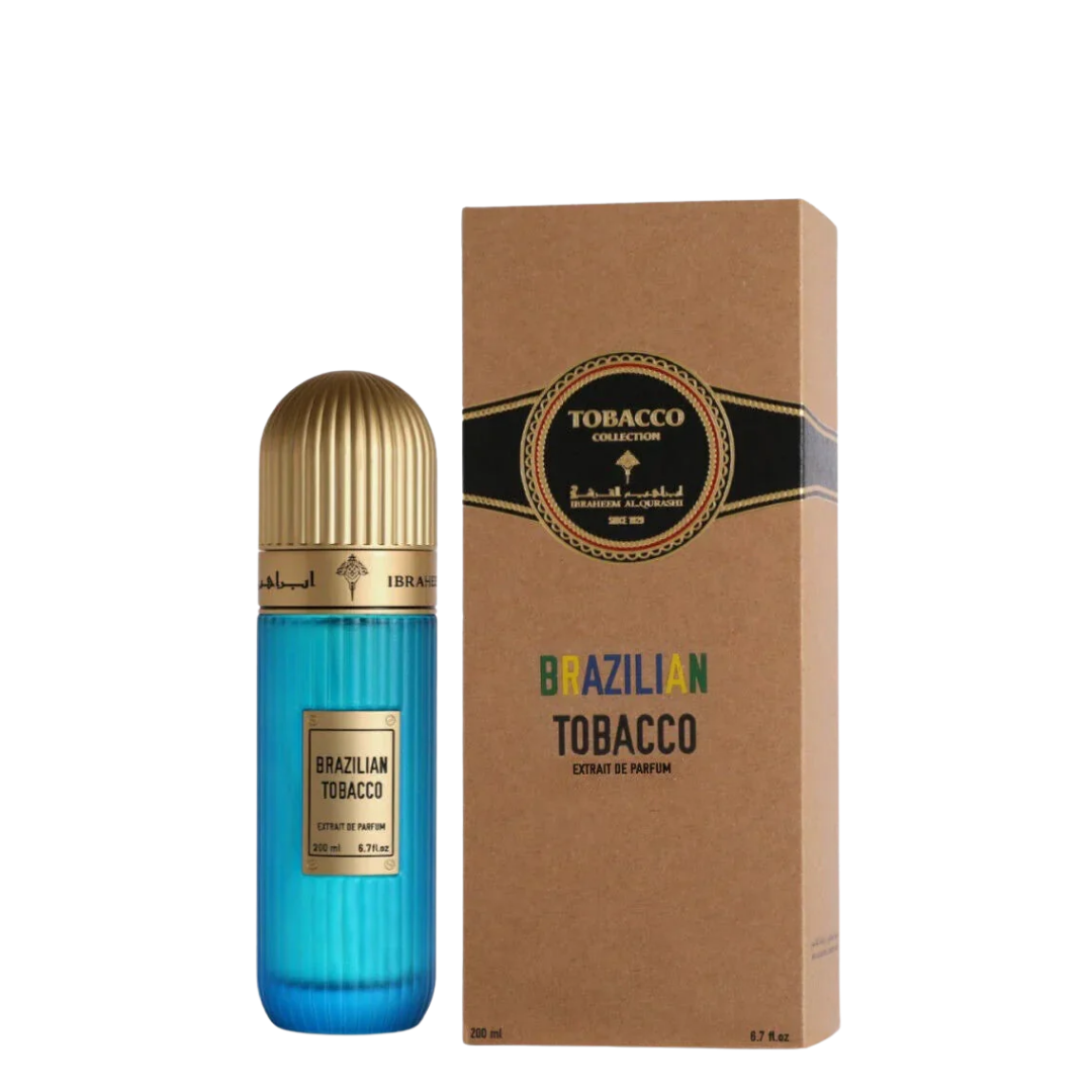 IBRAQ blue perfume bottle with gold cap and 'Brazilian Tobacco' packaging on a white background