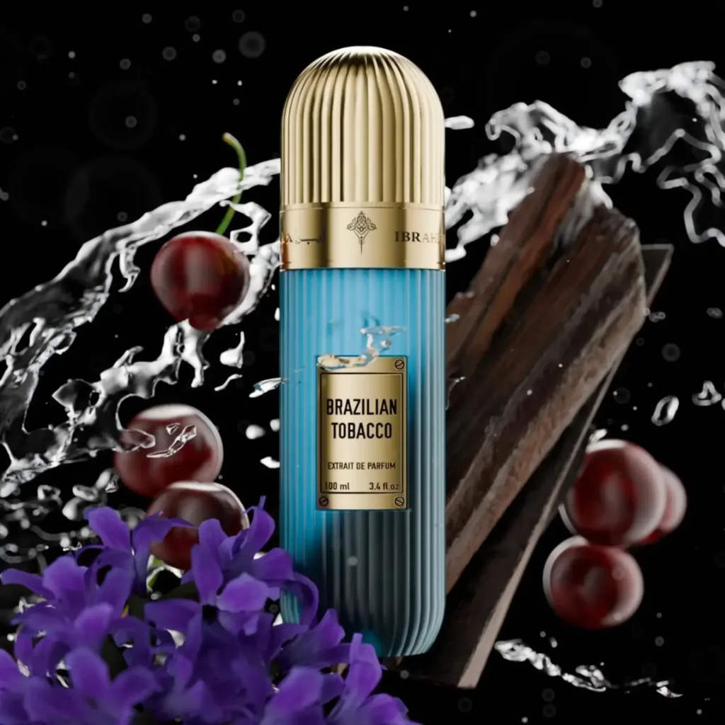 IBRAQ perfume bottle labelled 'Brazilian Tobacco' with grapes, cinnamon sticks, and flowers on a dark background