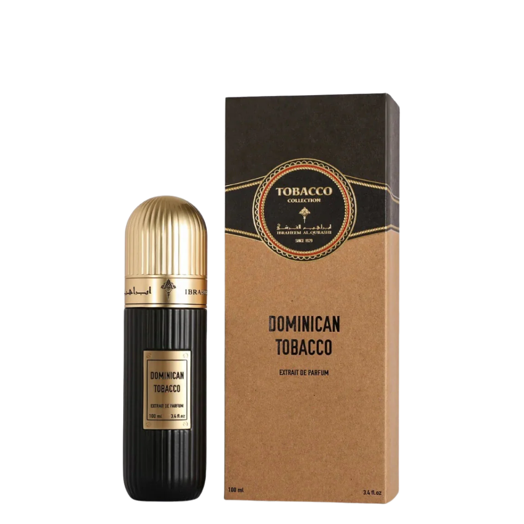 IBRAQ Dominican Tobacco perfume bottle and packaging on a white background