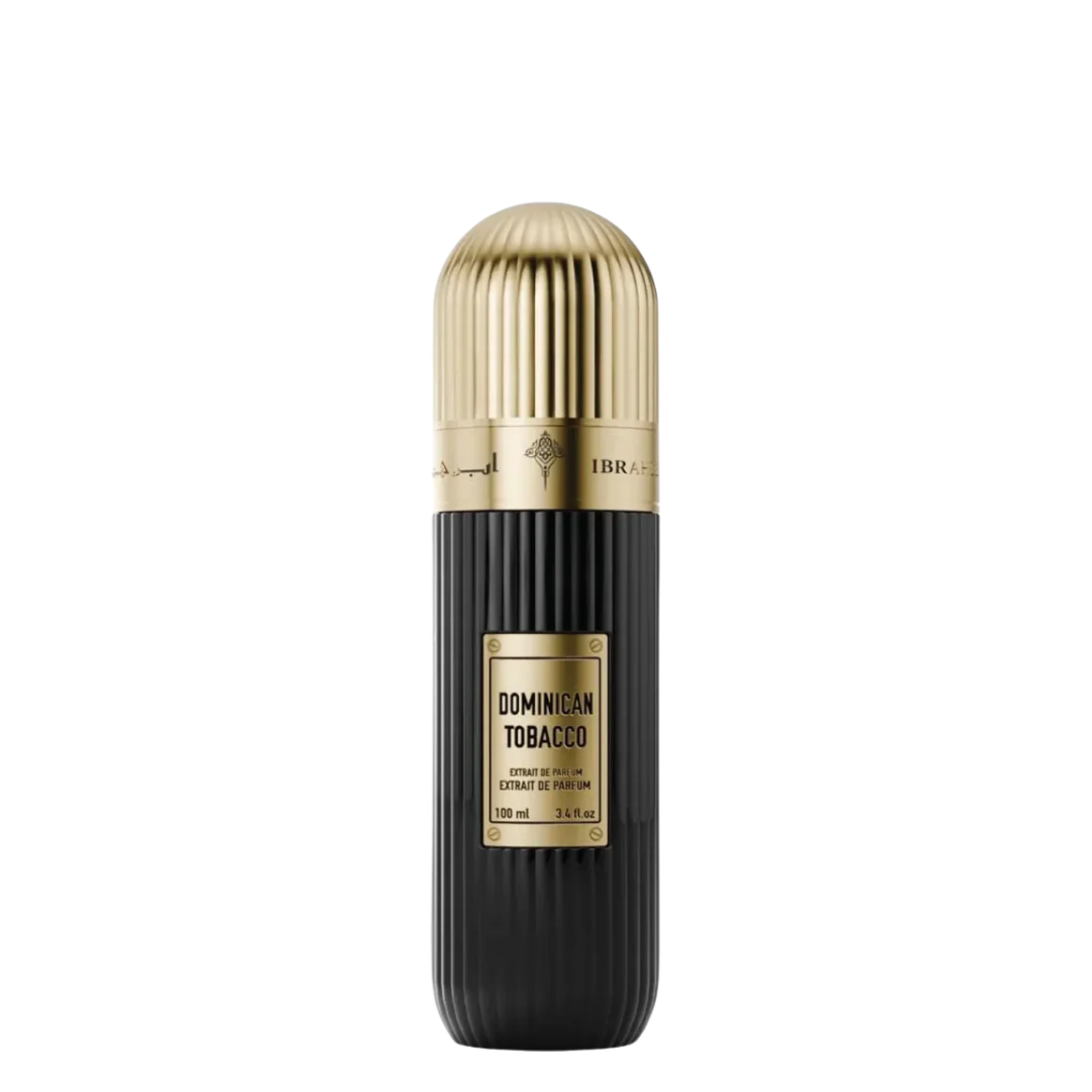 IBRAQ perfume bottle labelled 'Dominican Tobacco' with gold accents on a white background