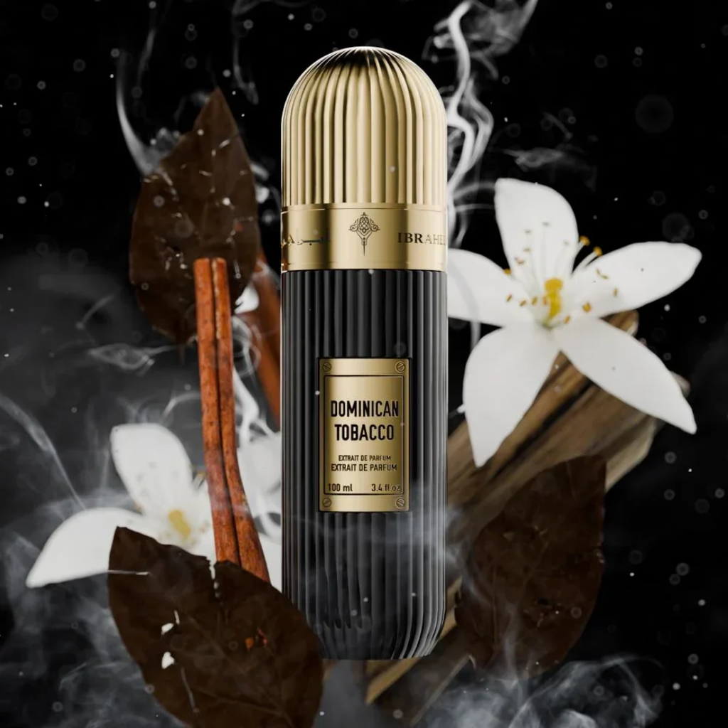 IBRAQ perfume bottle labelled 'Dominican Tobacco' with leaves and flowers on a dark background