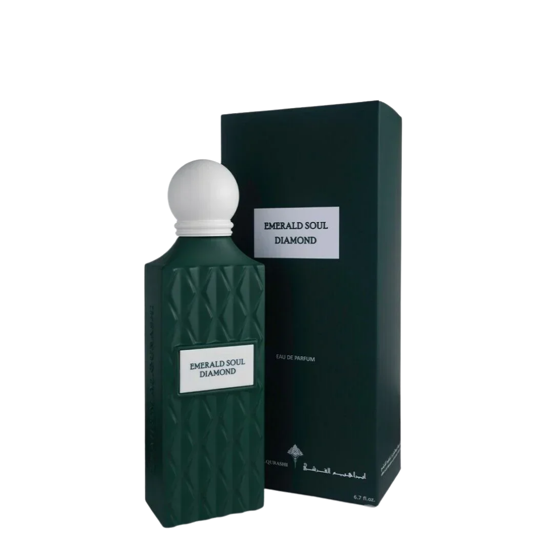 Green perfume bottle and packaging with 'Emerald Soul Diamond' label on a white background. Ibraq