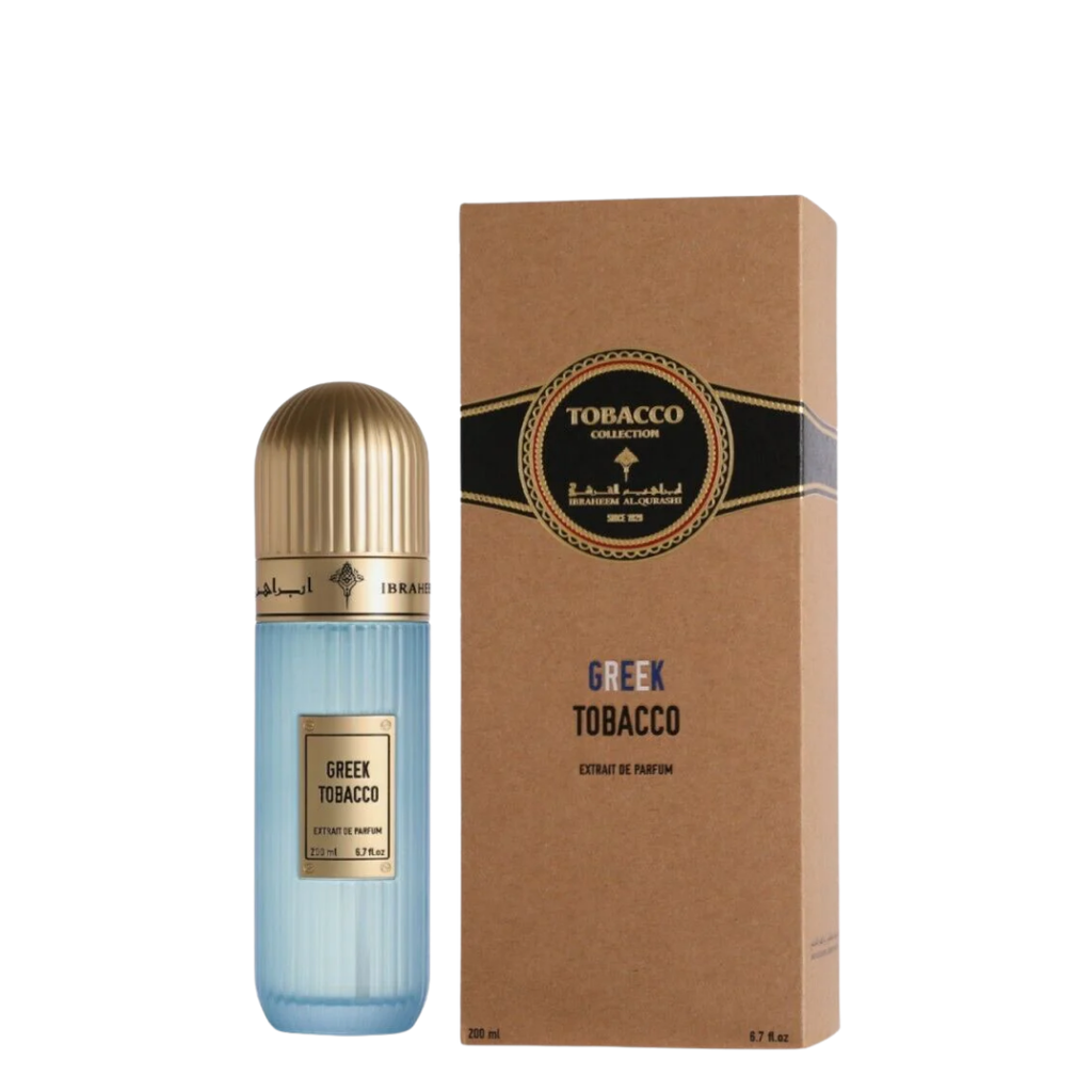 IBRAQ perfume bottle labelled 'Greek Tobacco' with a matching brown box on a white background