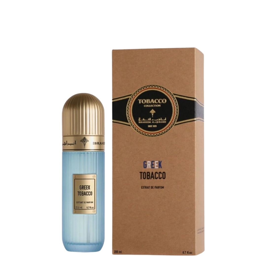IBRAQ perfume bottle labelled 'Greek Tobacco' with a matching brown box on a white background