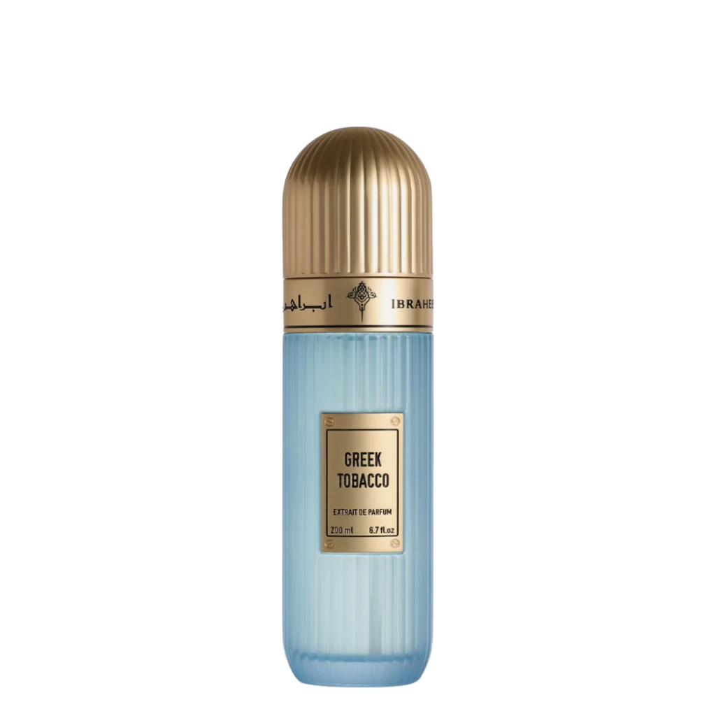 IBRAQ perfume bottle labelled 'Greek Tobacco' with gold cap and label on a white background