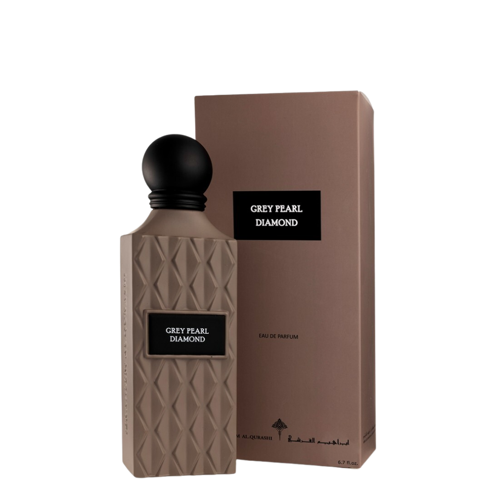 Perfume bottle and packaging of Grey Pearl Diamond on a white background. Ibraq