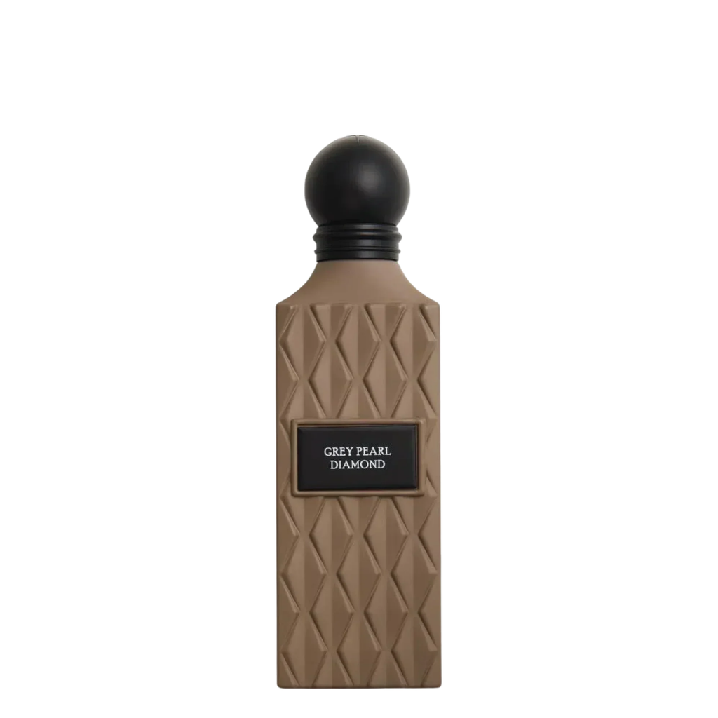 Perfume bottle labeled 'Grey Pearl Diamond' on a white background. Ibraq