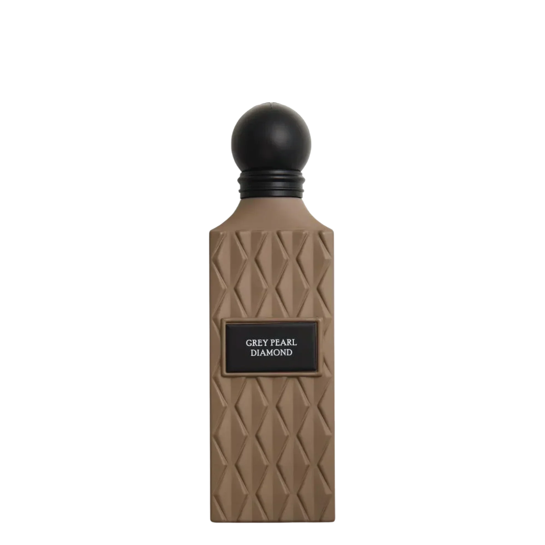 Perfume bottle labeled 'Grey Pearl Diamond' on a white background. Ibraq