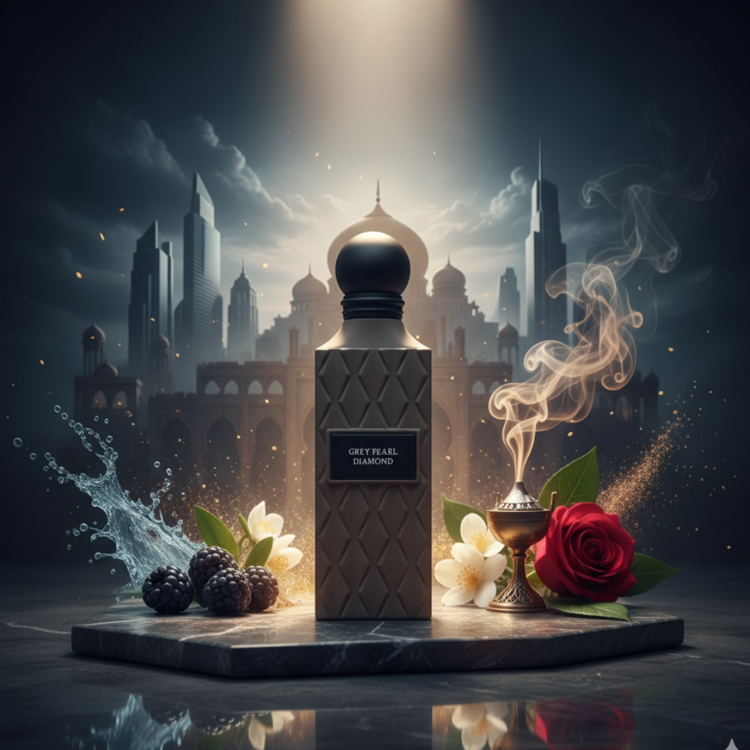 Perfume bottle labelled 'Grey Pearl Diamond' with flowers, berries, and a cityscape in the background. Hero