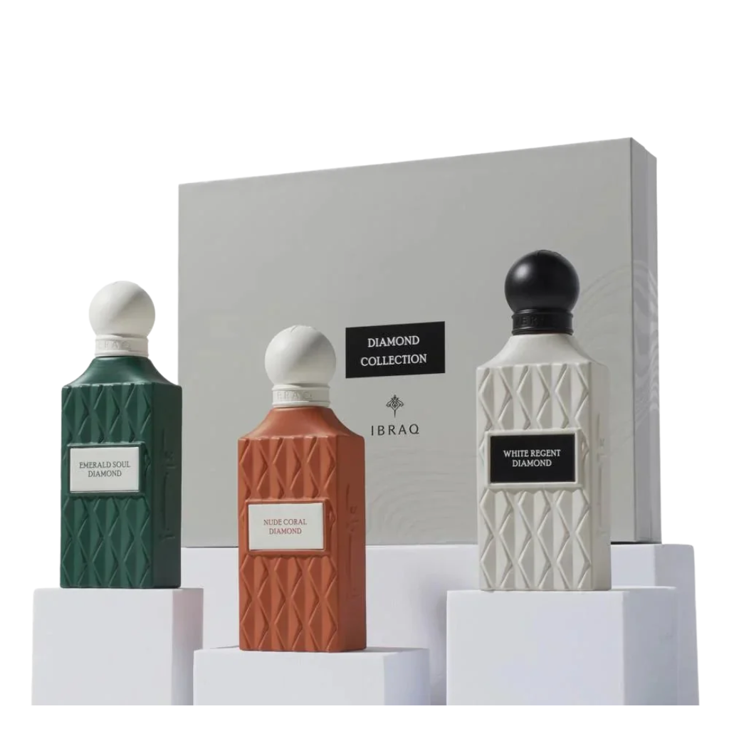 A boxed fragrance gift set from IBRAQ on a white background, featuring three textured perfume bottles in green, terracotta, and off-white, with a light gray presentation box behind them. IBRAQ: Grey Wish Set