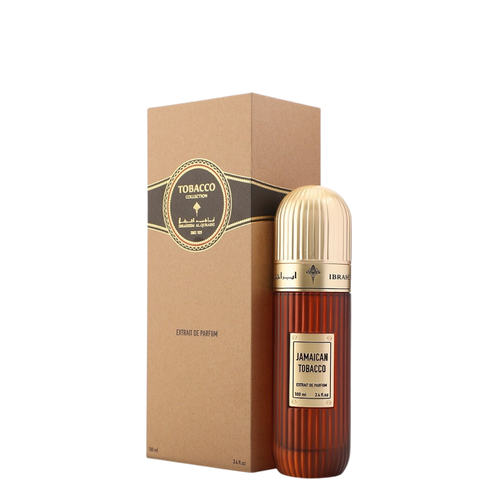 IBRAQ perfume bottle and packaging with 'Jamaican Tobacco' branding on a white background