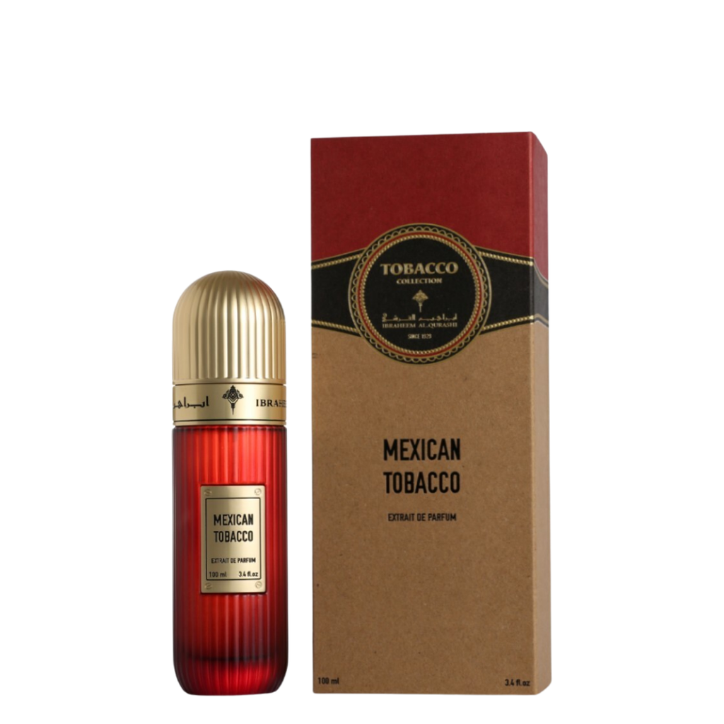 Red and gold perfume bottle with 'Mexican Tobacco' packaging on a white background by IBRAQ