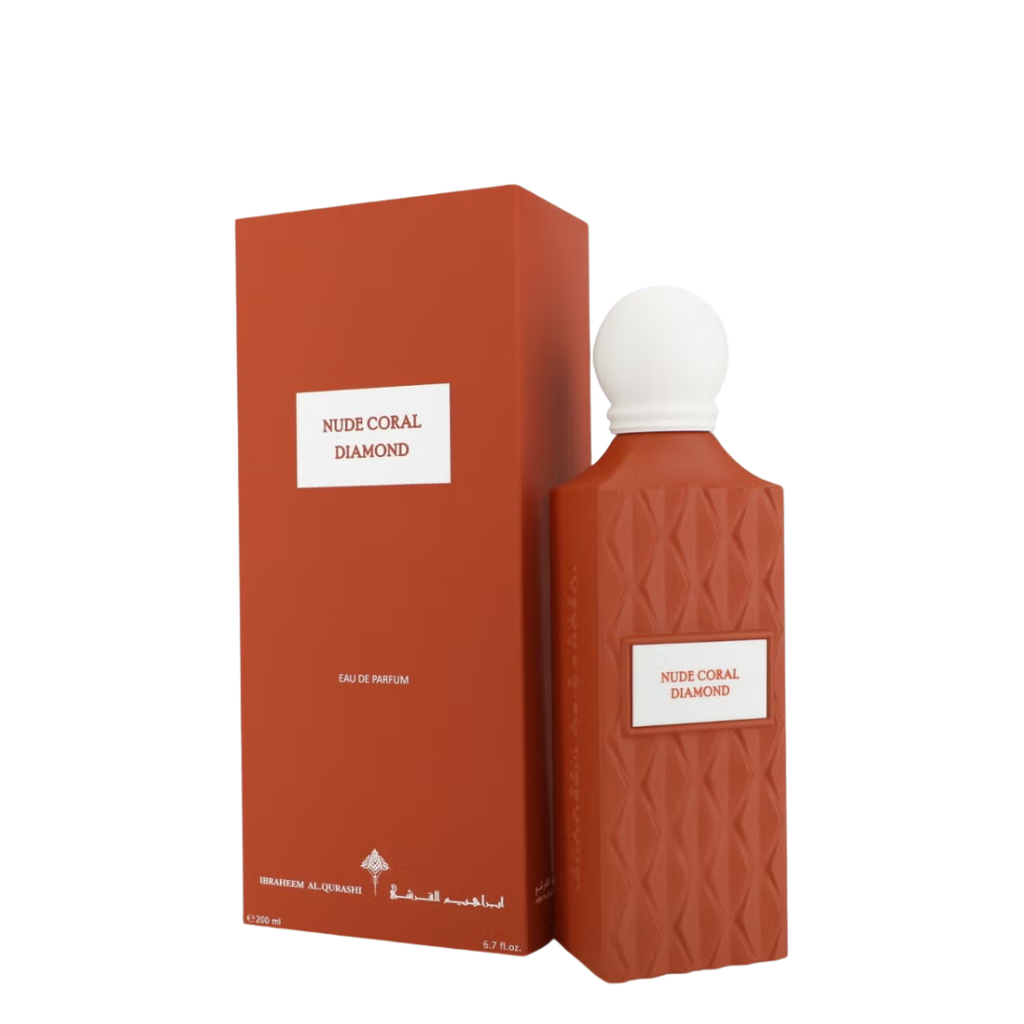 Ibraq Nude Coral Diamond perfume bottle and packaging on a white background
