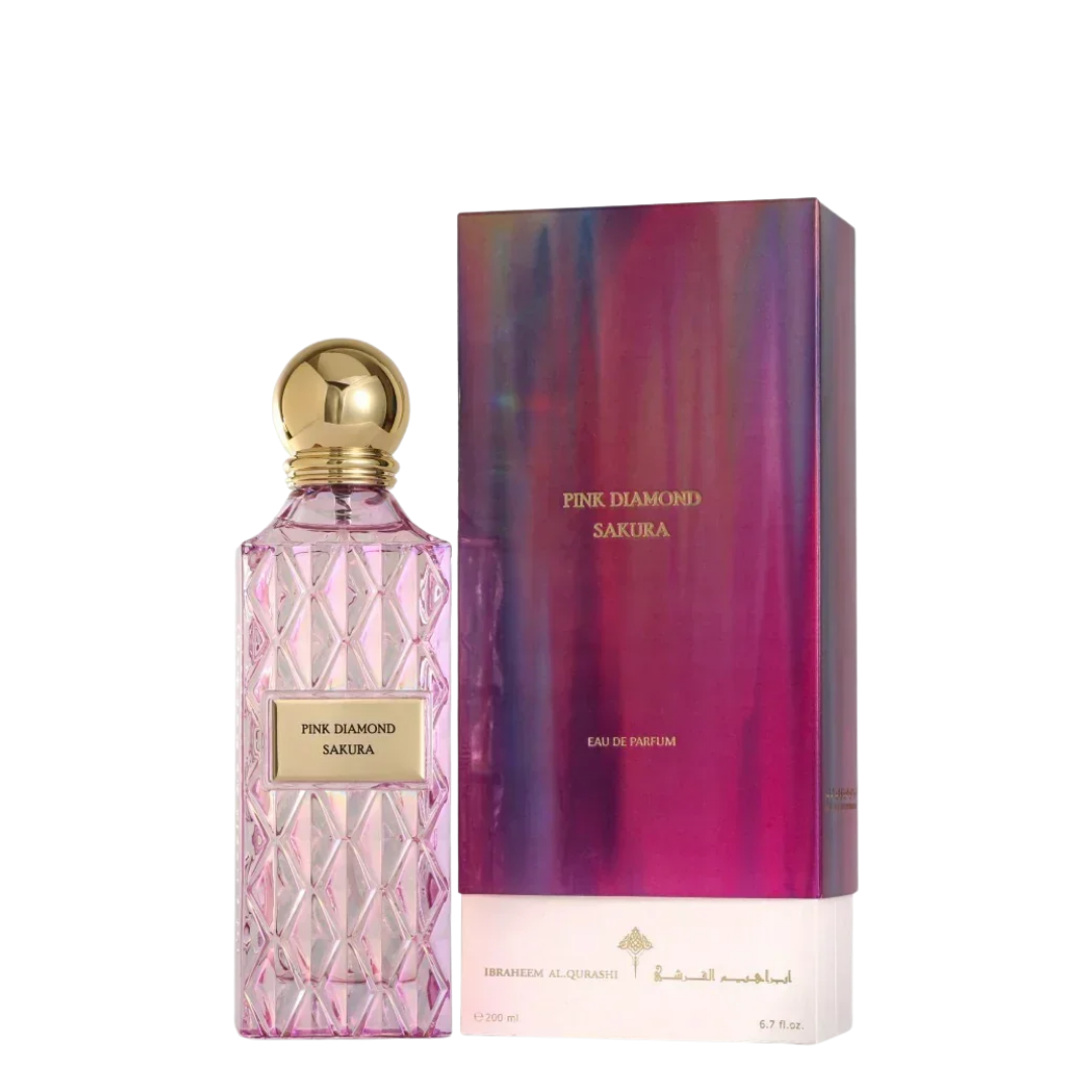 IBRAQ Pink Diamond Sakura perfume bottle and packaging on a white background