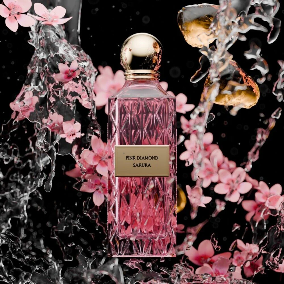 IBRAQ perfume bottle labelled 'Pink Diamond Sakura' with floral and angelic elements on a dark background