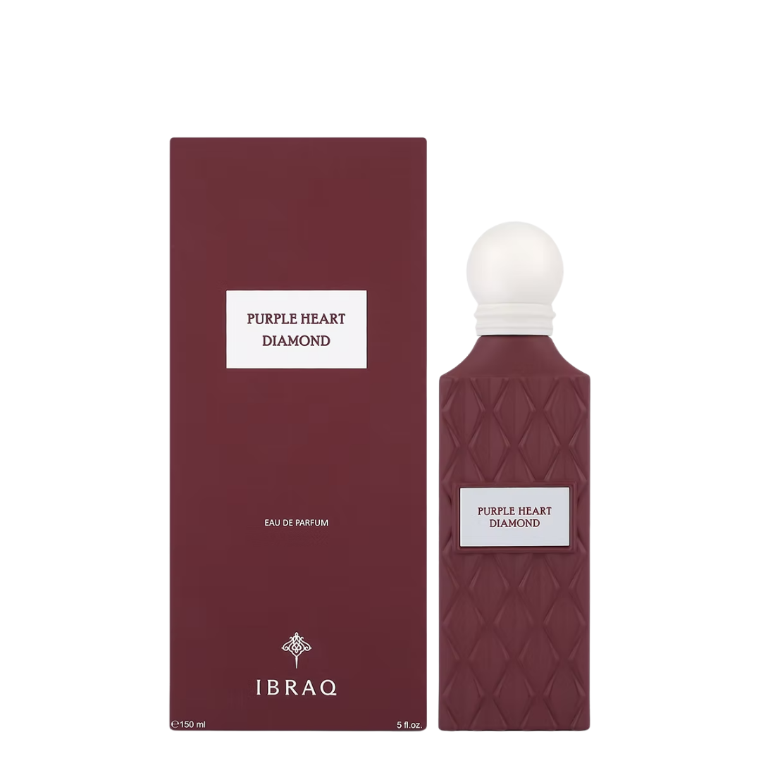 Maroon perfume bottle and packaging with 'Ibraq' branding on a white background. IBRAQ: Purple Heart Diamond Perfume