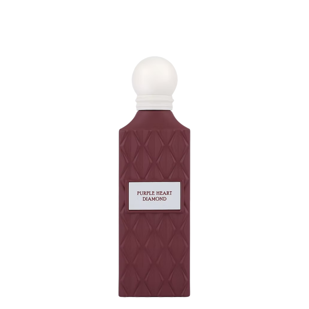 Maroon bottle with white cap labelled 'Purple Heart Diamond' on a white background. Ibraq
