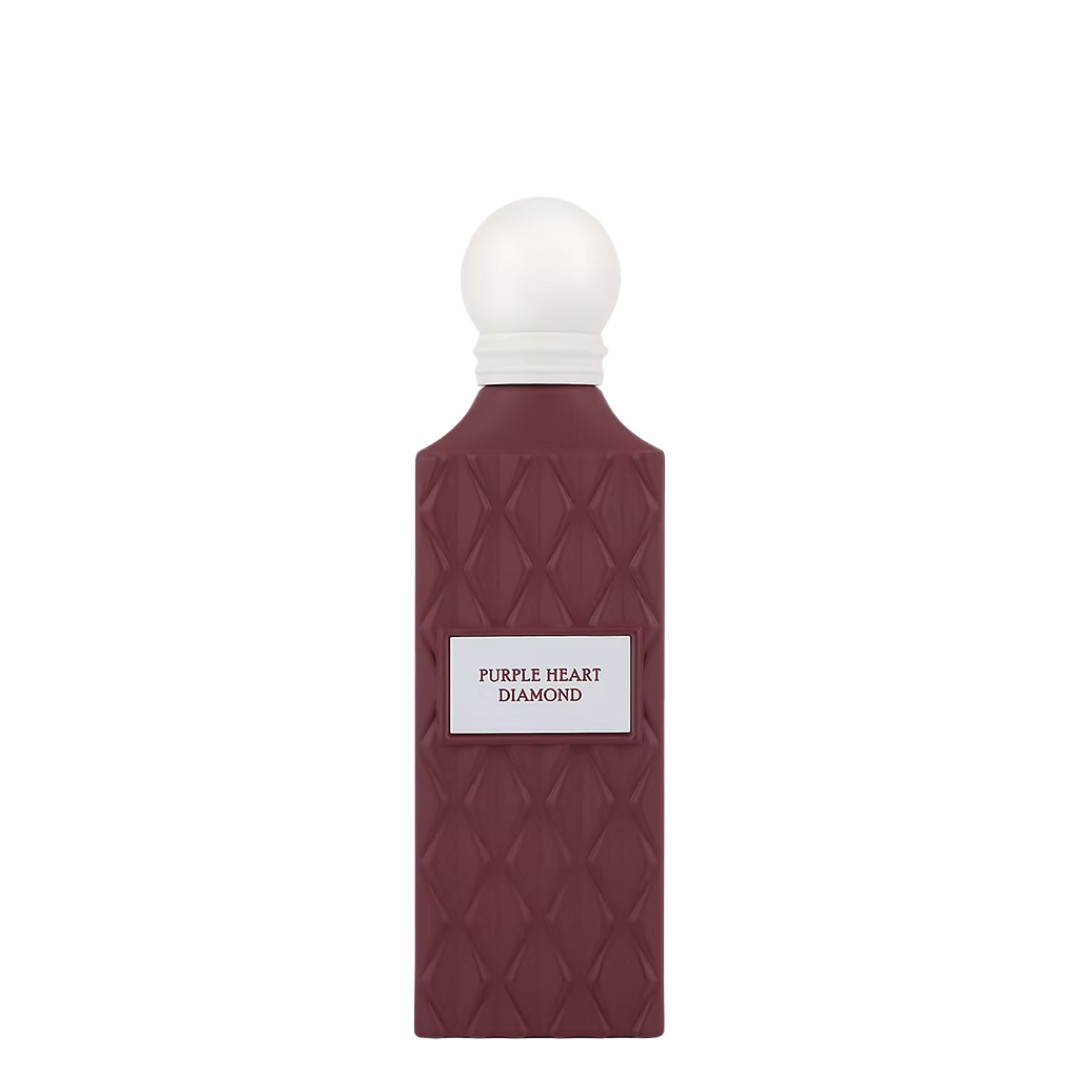 Maroon bottle with white cap labelled 'Purple Heart Diamond' on a white background. Ibraq
