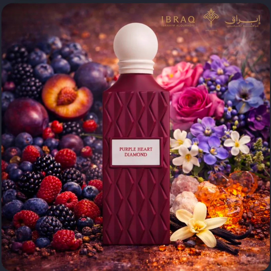 Perfume bottle labeled 'Purple Heart Diamond' surrounded by fruits and flowers with 'Ibraq' branding.