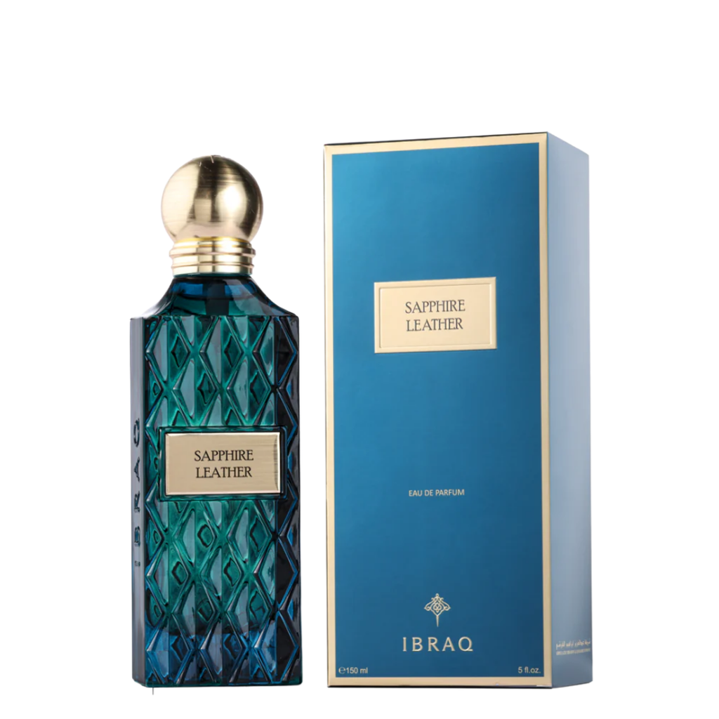 Ibraq Sapphire Leather perfume bottle and packaging on a white background