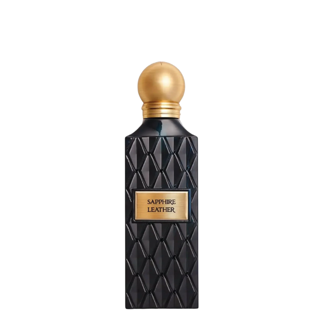 IBRAQ perfume bottle labelled 'Sapphire Leather' with a gold cap on a white background