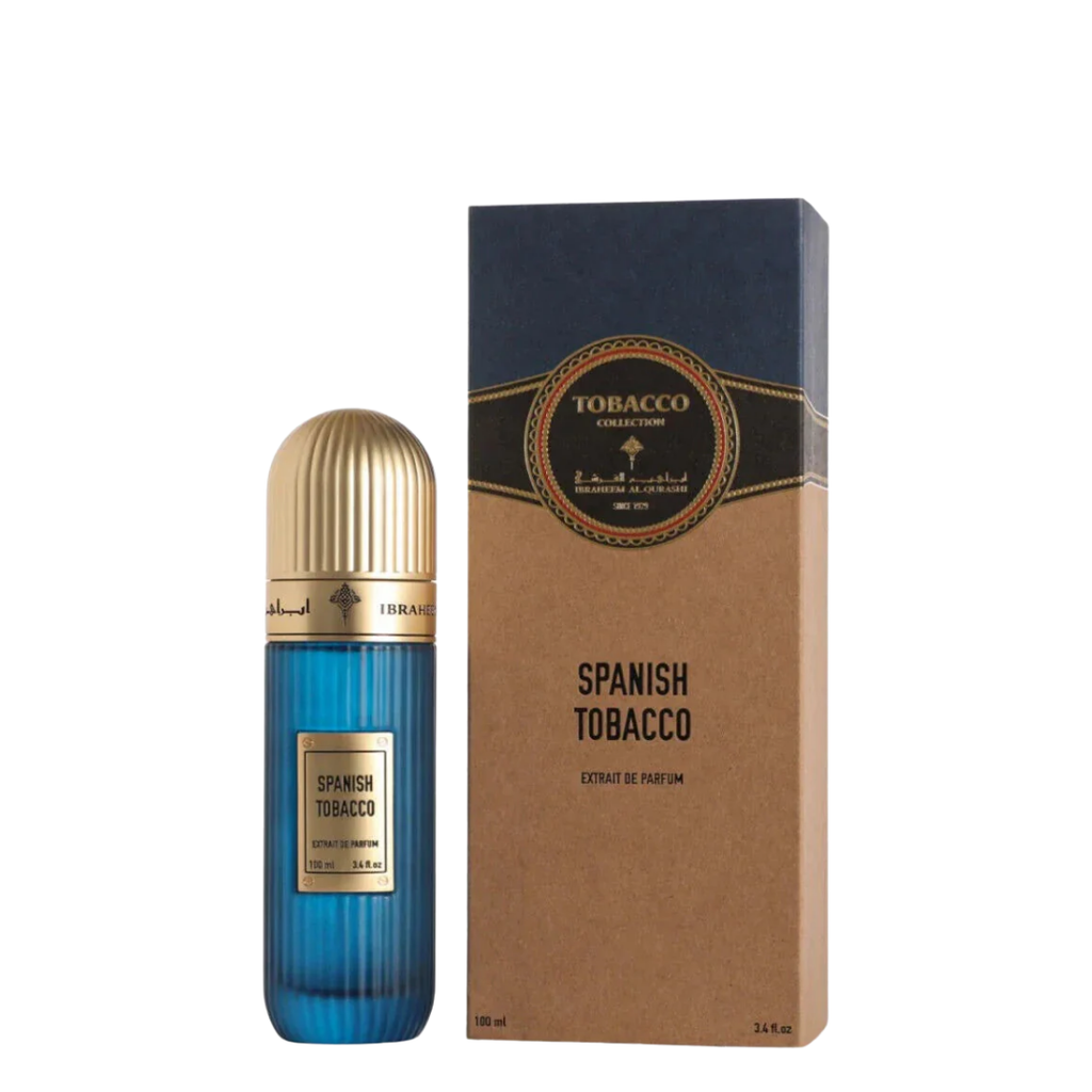 Blue perfume bottle with gold cap and packaging labeled 'Spanish Tobacco' on a white background by IBRAQ