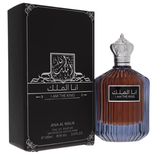 Perfume bottle and packaging with intricate design. I Am The King Mens Perfume by Ard Al Zaafaran