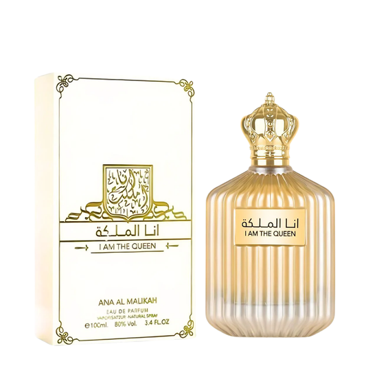 Perfume bottle and packaging labeled 'I Am the Queen' with Arabic text. I Am The Queen Womens Perfume by Ard Al Zaafaran