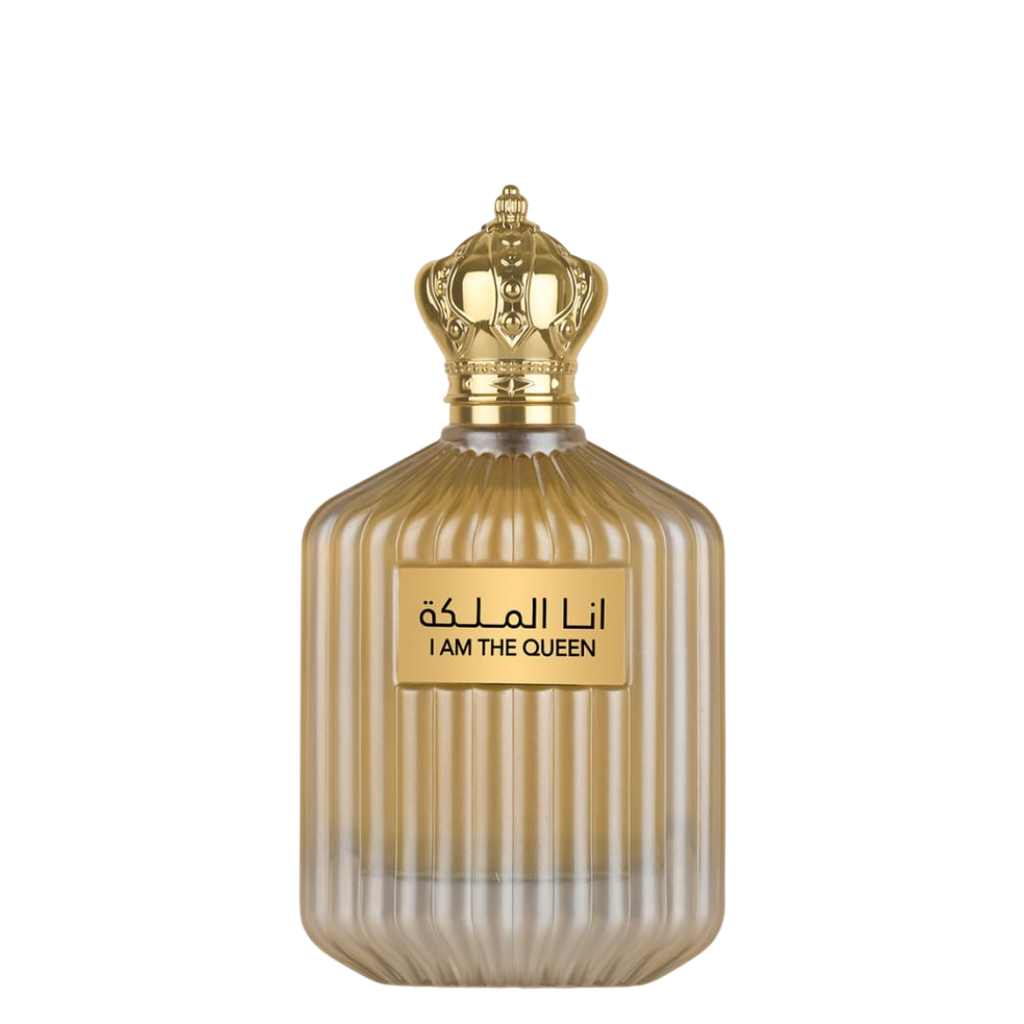 A perfume bottle with a label that reads 'I AM THE QUEEN' in English and Arabic script, featuring a golden cap and a translucent brown to gold gradient design. I Am The Queen Womens Perfume by Ard Al Zaafaran