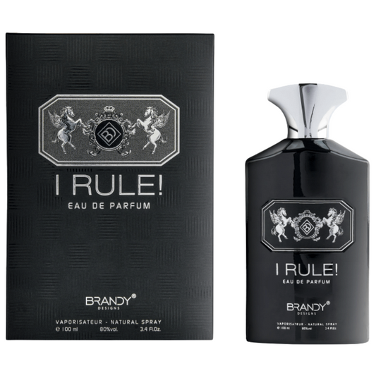 I Rule! Eau de Parfum bottle and packaging on a white background. I Rule by Brandy Designs Mens Perfume