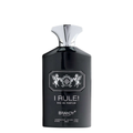 Black perfume bottle with silver cap labeled 'I Rule! Eau de Parfum' on a white background. I Rule by Brandy Designs Mens Perfume