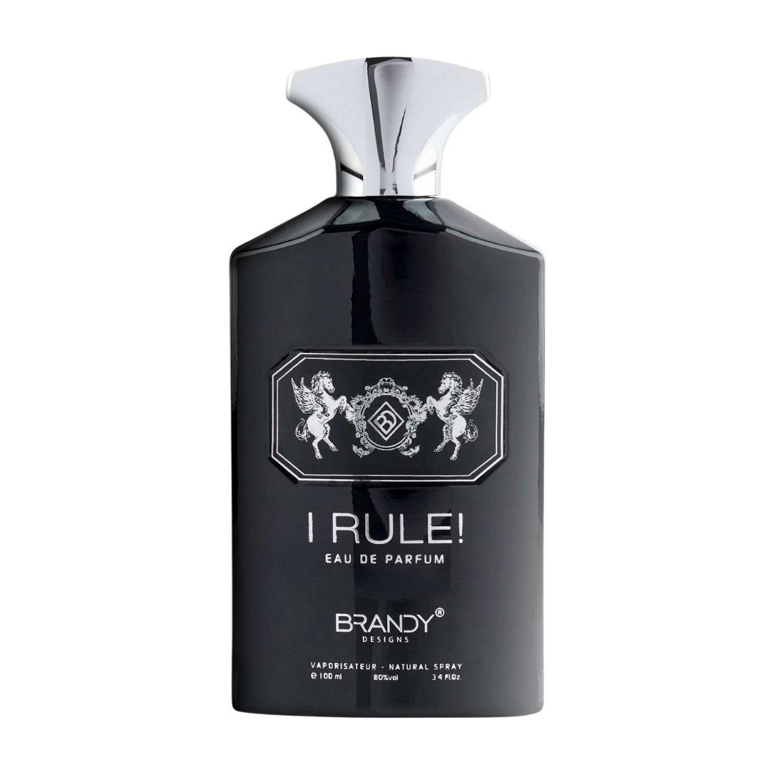 Black perfume bottle with silver cap labeled 'I Rule! Eau de Parfum' on a white background. I Rule by Brandy Designs Mens Perfume